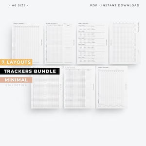 May include: A set of seven printable A6 size minimalist trackers for habit, sleep, work, yearly, and a year in pixels. The trackers are black and white and have a grid layout. The text "7 Layouts Trackers Bundle Minimal Collection" is at the bottom of the image.