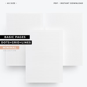 May include: A set of printable A5 size notebook pages with different layouts. The pages include a grid, dots, and lines. The text on the image reads "Basic Pages Dots+Grid+Lines Minimal Collection".