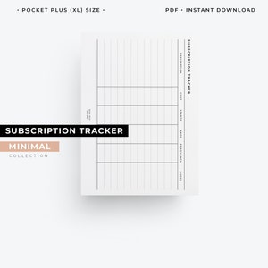 Pocket Plus size, Subscription tracker insert, subscription log, financial planner printable for pocket xl planners