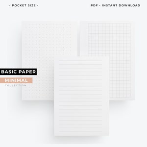 May include: Three printable sheets of paper with different grid patterns: dotted, lined, and squared. The sheets are part of a "Basic Paper Minimal Collection" and are available as a PDF instant download.