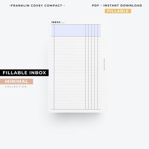 Puede incluir: Una lista de bandeja de entrada imprimible y rellenable con el texto "INBOX..." en la parte superior. La lista está dividida en columnas con líneas para escribir. El texto "FILLABLE INBOX" y "MINIMAL COLLECTION" está en la parte inferior izquierda de la página.