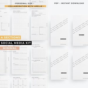 May include: A social media kit with four sections: monthly planner, video planner, social media stats, and yearly overview. The kit is designed in a minimalist style with black and white graphics. The text "4 Sections" and "Social Media Kit" is printed in black on a white background. The text "Minimal Collection" is printed in black on a white background.