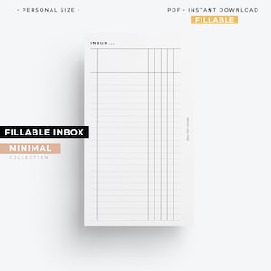 Op de afbeelding: Een afdrukbare, invulbare inbox-lijst met de tekst "INBOX..." bovenaan. De lijst is verdeeld in kolommen met regels om te schrijven. De tekst "FILLABLE INBOX" en "MINIMAL COLLECTION" staat linksonder op de pagina.