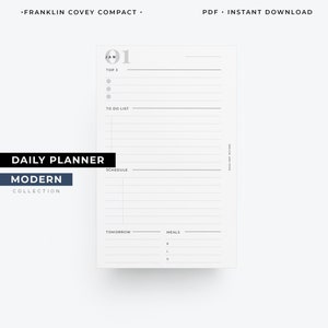Pode incluir: Uma página de planejador diário branca com um design minimalista. A página inclui seções para as 3 principais prioridades, uma lista de tarefas, um cronograma e planejamento de refeições. O texto inclui "DAILY PLANNER", "MODERN COLLECTION" e "JAN 01".