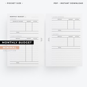 May include: Two-page spread of a minimalist monthly budget planner. The left page features sections for income and fixed expenses, while the right page includes other expenses and savings. Text includes "Monthly Budget" and "Minimal Collection."