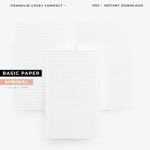 Op de afbeelding: Drie bedrukbare vellen papier met verschillende rasterpatronen: gestreept, geruit en gestippeld. De tekst "BASIC PAPER MINIMAL COLLECTION" staat onderaan de afbeelding.