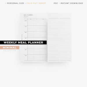 Op de afbeelding: Een printbare wekelijkse maaltijdplanner met een uitklapbare inzet. De planner heeft een minimalistisch ontwerp met een zwart-wit kleurenschema. De tekst "WEEKLY MEAL PLANNER" is in zwart op een witte achtergrond gedrukt. De tekst "MINIMAL COLLECTION" is in zwart op een witte achtergrond gedruckt.
