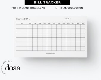 May include: A personal size bill tracker printable featuring a grid layout with columns for months from January to December and rows for bill entries. The header includes the text BILL TRACKER and YEAR. The logo DOAA INSP DESIGNS is visible.