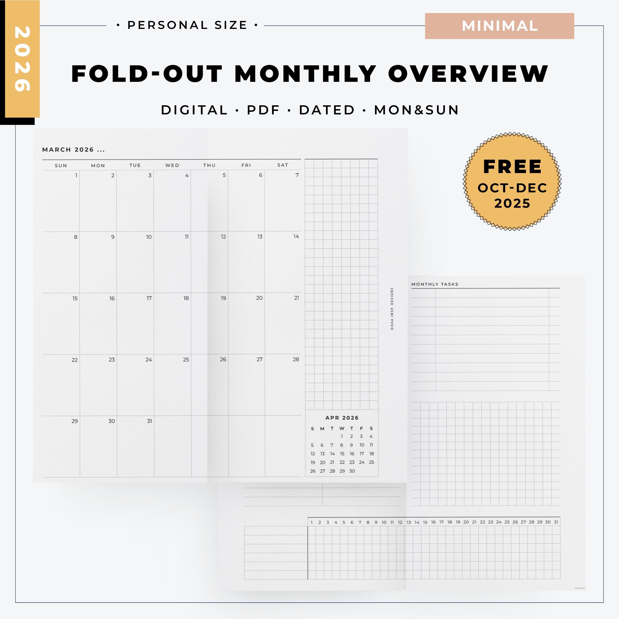 2026 Foldout Monthly Overview Calendar Insert | Personal Size Printable ...