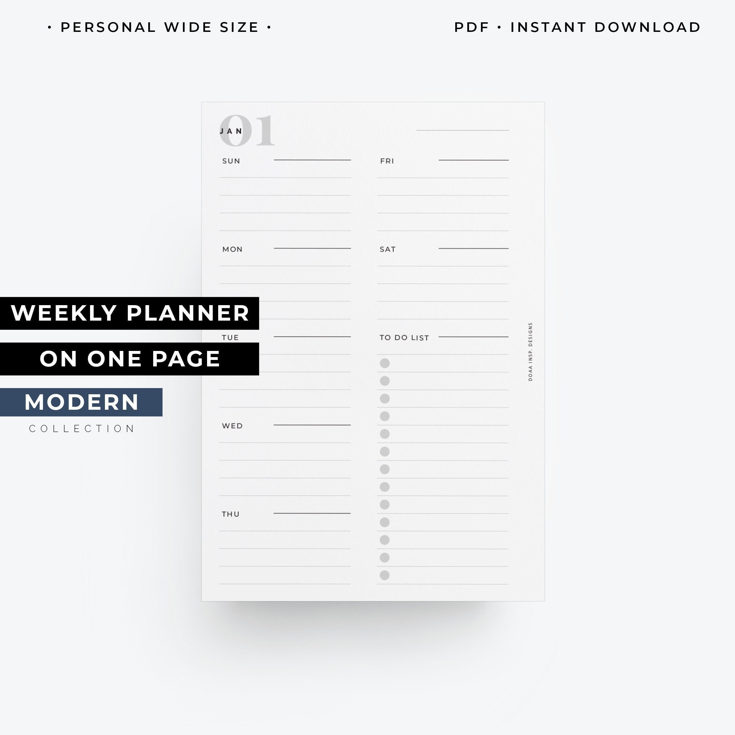 Personal Wide weekly planner printable, weekly agenda week on one page insert