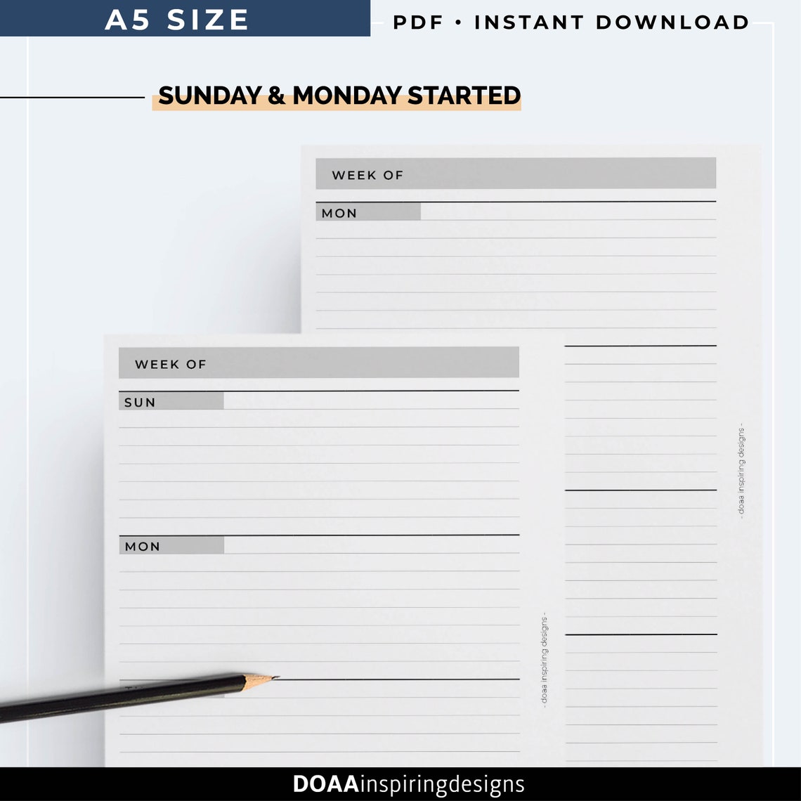 A5 Horizontal week on two pages planner printable Lines | Etsy