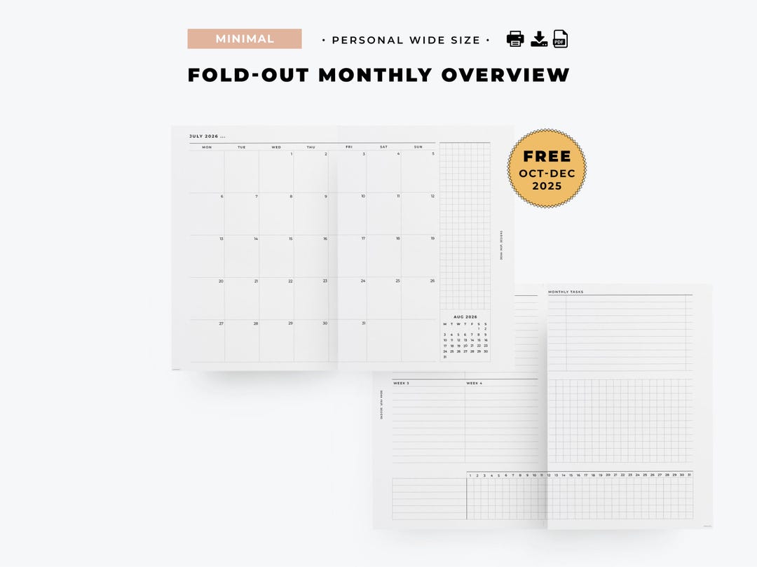 2026 Foldout Monthly Minimal Calendar Insert in Personal Wide Size - Etsy