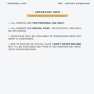 May include: A white background with text in a sans-serif font. The text includes "PERSONAL SIZE," "PDF &bull; INSTANT DOWNLOAD," and "IMPORTANT INFO." Additional text states that inserts are for personal use only and are digital files. It also mentions refunds.
