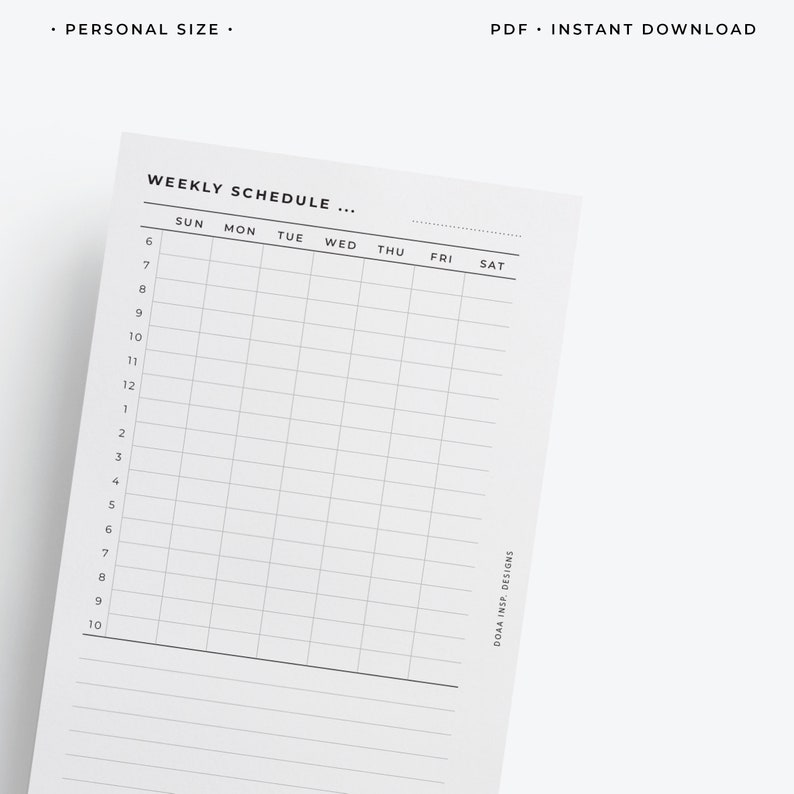 May include: A printable weekly schedule planner with a simple black and white design. The planner has columns for each day of the week, with hours listed from 6 AM to 10 PM. The planner is labeled "Weekly Schedule..." at the top.