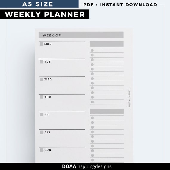 A5 week on one page printable insert weekly planner printable | Etsy