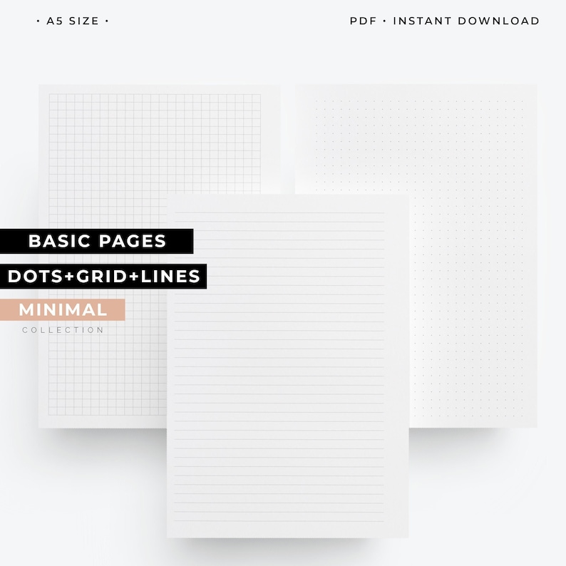 K&ouml;nnte beinhalten: Ein Satz druckbarer A5-Notizbuchseiten mit verschiedenen Layouts. Die Seiten beinhalten ein Raster, Punkte und Linien. Der Text auf dem Bild lautet "Basic Pages Dots+Grid+Lines Minimal Collection".