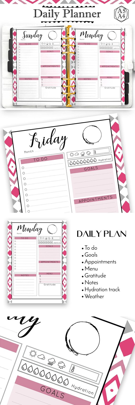daily printable planner pink planner a5 insert undated etsy