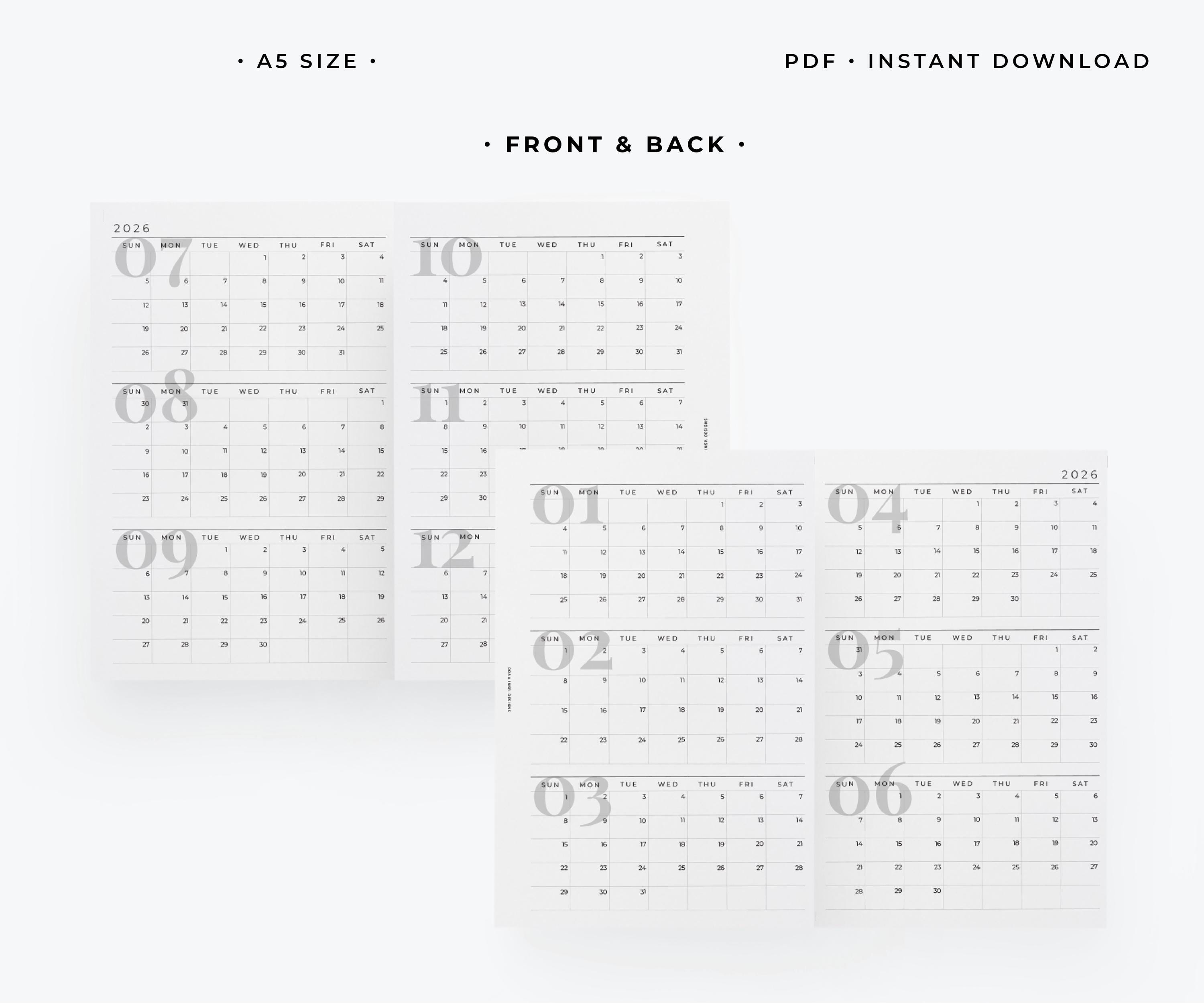 2026 A5 Foldout Monthly Overview Calendar Insert | Modern Collection ...