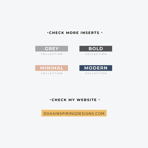 May include: A graphic with four rectangular labels in grey, black, peach, and navy blue, each with the word "COLLECTION" below a descriptive word: "GREY", "BOLD", "MINIMAL", and "MODERN". The text "CHECK MORE INSERTS" and "CHECK MY WEBSITE" are also present, along with the website address.