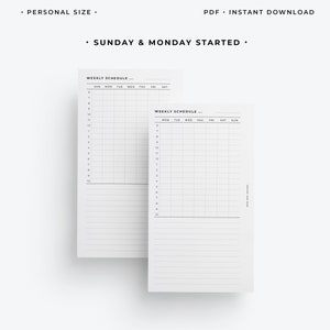 May include: Two printable weekly schedule templates with a grid layout. The first template starts on Sunday and the second template starts on Monday. Both templates have a column for each day of the week and rows for each hour of the day from 6 am to 10 pm.