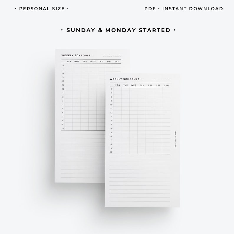 May include: Two printable weekly schedule templates with a grid layout. The first template starts on Sunday and the second template starts on Monday. Both templates have a column for each day of the week and rows for each hour of the day from 6 am to 10 pm.
