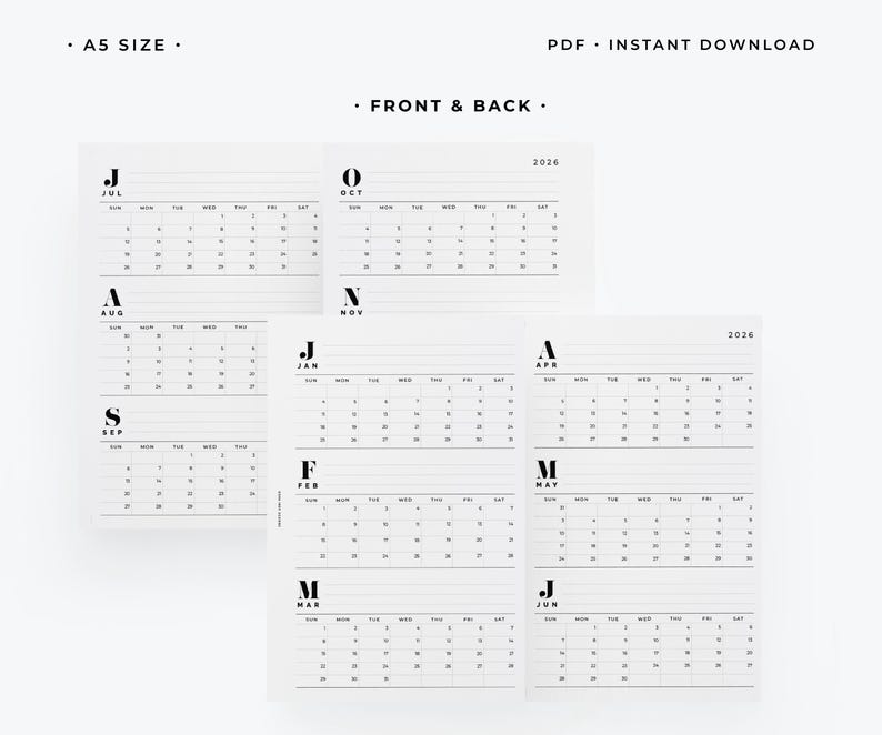 2026 A5 Foldout Yearly Calendar Insert | Bold Collection Printable - Etsy
