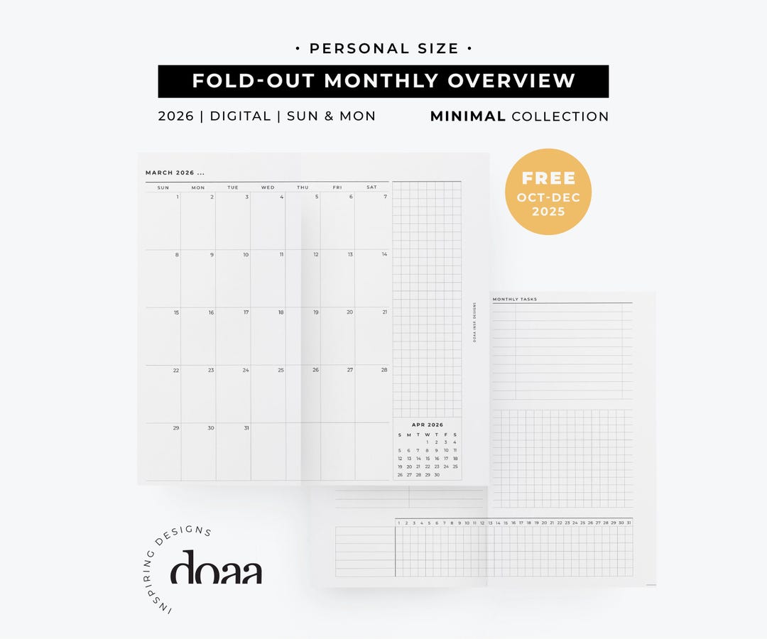2026 Foldout Monthly Overview Calendar Insert | Personal Size Printable ...
