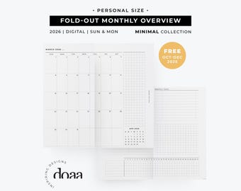 May include: A white and gray personal-size fold-out monthly overview calendar for 2026. The calendar includes a minimal design with the text "FOLD-OUT MONTHLY OVERVIEW" and "MINIMAL COLLECTION". Includes a free October-December 2025 calendar.