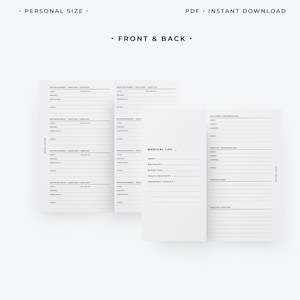 May include: A printable medical log booklet with sections for doctor and dentist appointments, medical history, and medications. The booklet is designed for personal use and includes space for name, birthdate, blood type, health provider, and emergency contact information.