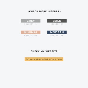 K&ouml;nnte beinhalten: Ein Grafikdesign-Bild mit vier Farbfeldern, die mit "Grey Collection", "Bold Collection", "Minimal Collection" und "Modern Collection" beschriftet sind. Das Bild enth&auml;lt auch den Text "Check More Inserts", "Check My Website" und "DOAAINSPIRINGDESIGNS.COM".