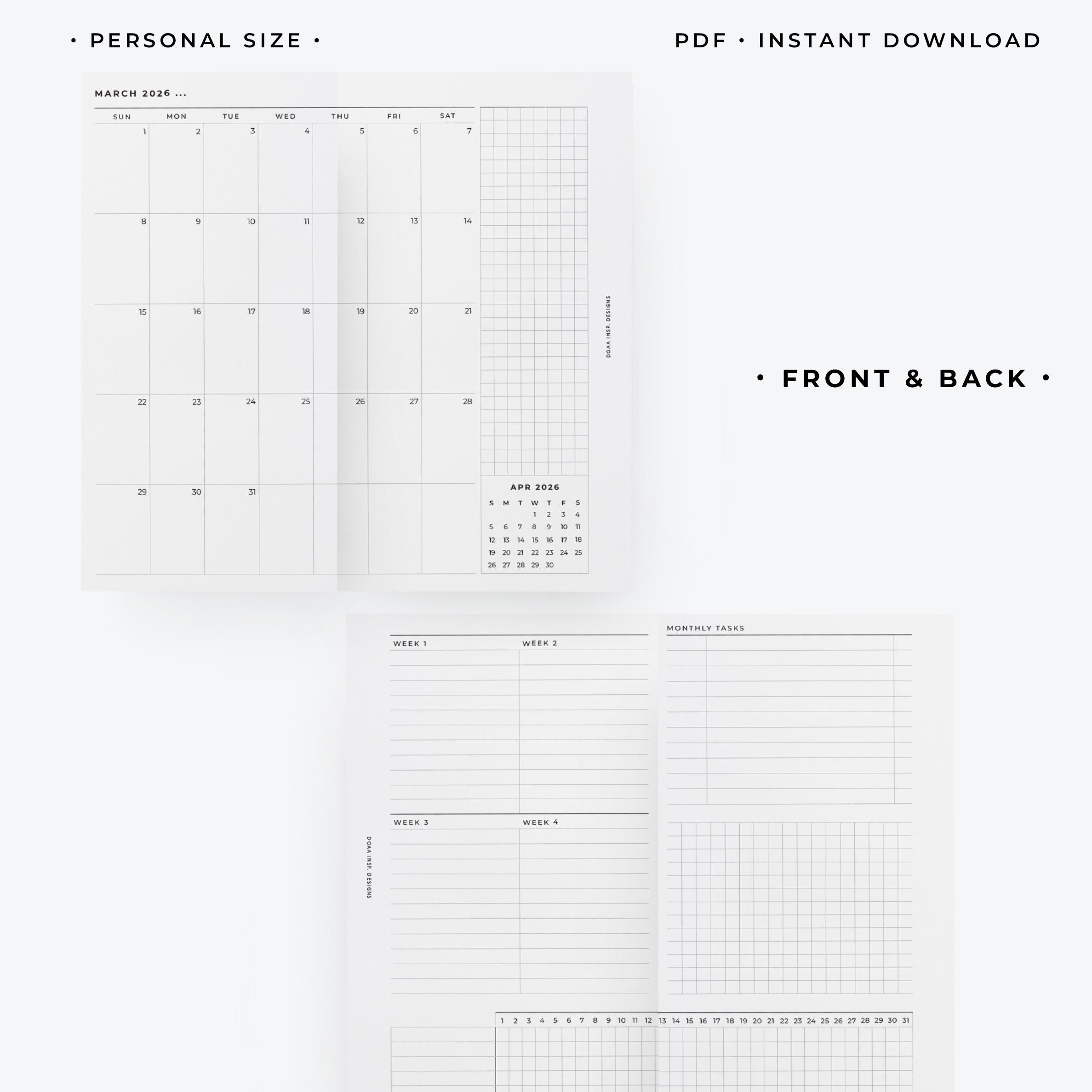 2026 Foldout Monthly Overview Calendar Insert | Personal Size Printable ...