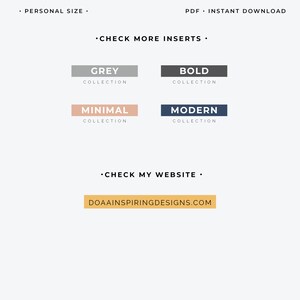 May include: A digital product advertisement with text that reads "Personal Size" and "PDF Instant Download." It features four color-coded collection options: Grey, Bold, Minimal, and Modern. The website address DOAAINSPIRINGDESIGNS.COM is also displayed.