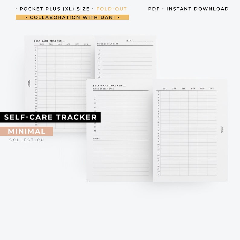 May include: A minimalist self-care tracker with a pocket plus (XL) size and fold-out design. The white pages feature sections for tracking self-care activities, with space for notes and monthly overviews. The text "SELF-CARE TRACKER" and "MINIMAL COLLECTION" are visible.
