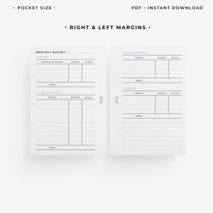 May include: A minimalist, open notebook with a white background. The notebook is divided into sections for budgeting, including income, expenses, and savings. Text includes "Monthly Budget," "Other Expenses," and "Pocket Size."