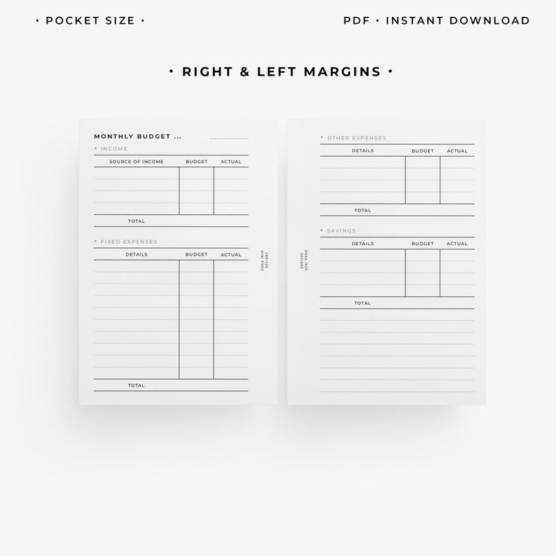 May include: A minimalist, open notebook with a white background. The notebook is divided into sections for budgeting, including income, expenses, and savings. Text includes "Monthly Budget," "Other Expenses," and "Pocket Size."