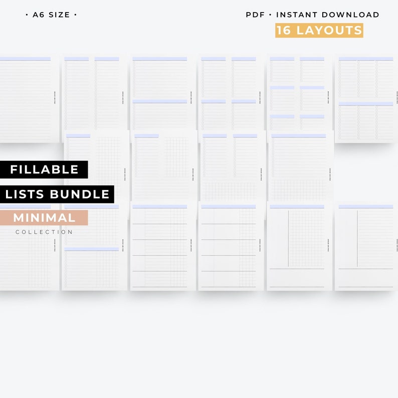A6 Fillable lists bundle, Editable to do list, 16 different Layout, daily to do list, customized bucket list image 1