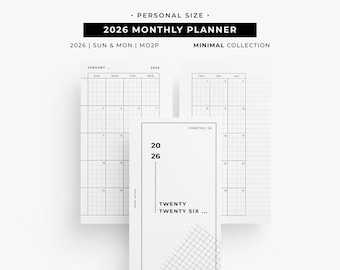 Inserto para agenda mensual personal 2026 / Mes en 2 páginas imprimible / Recambio para Filofax Personal / Calendario minimalista en PDF / Páginas de agenda imprimibles