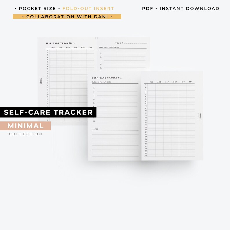 Puede incluir: Un rastreador de autocuidado minimalista con un dise&ntilde;o de inserto plegable de bolsillo. Las p&aacute;ginas blancas presentan un dise&ntilde;o de cuadr&iacute;cula para rastrear actividades de autocuidado, con el texto "SELF-CARE TRACKER" y "MINIMAL COLLECTION".