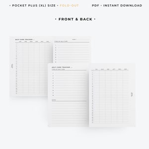 May include: A white self-care tracker with the text "SELF-CARE TRACKER" and monthly calendars. The tracker includes sections for tracking self-care activities and notes. The text "POCKET PLUS (XL) SIZE" and "FOLD-OUT" is also visible.