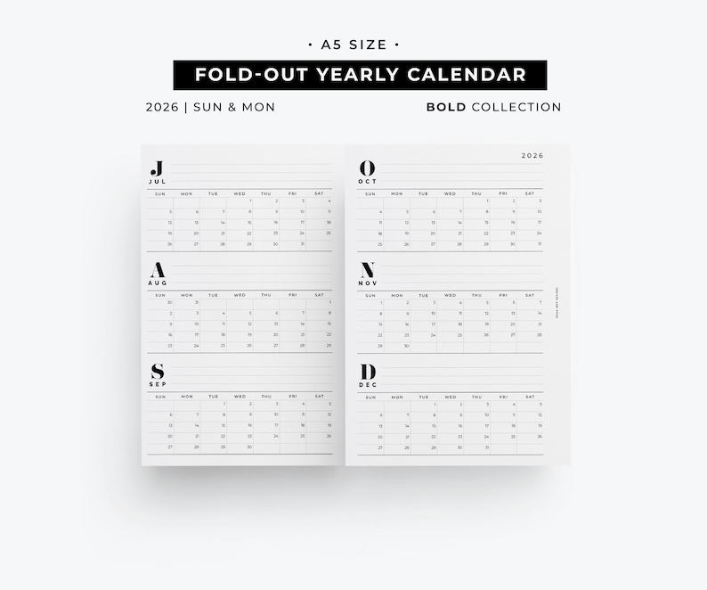 2026 A5 Foldout Yearly Calendar Insert | Bold Collection Printable - Etsy