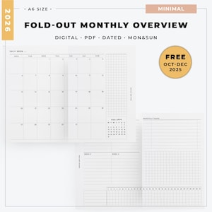 Puede incluir: Un calendario mensual desplegable minimalista blanco para 2026, tamaño A6. El calendario incluye formatos digitales, PDF y con fecha, con un enfoque en los inicios de lunes y domingo. Incluye una oferta gratuita para octubre-diciembre de 2025.