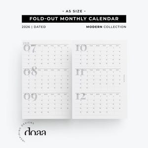Puede incluir: Calendario mensual desplegable A5 para 2026. El diseño es moderno y muestra los meses de julio, agosto, septiembre, octubre, noviembre y diciembre. También se ve el texto "FOLD-OUT MONTHLY CALENDAR" y "MODERN COLLECTION".