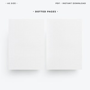 K&ouml;nnte beinhalten: Zwei leere A5-Seiten mit gepunkteten Rasterlinien. Die Seiten sind wei&szlig; und haben einen subtilen Schattensffekt. Der Text "DOTTED PAGES" befindet sich oben im Bild.