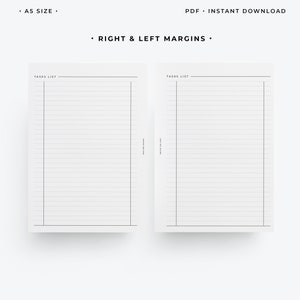 May include: Two A5 size task list printable pages with right and left margins. Each page has a header that says "TASKS LIST" and is lined for writing. The text "PDF &bull; INSTANT DOWNLOAD" is at the top. The text "RIGHT & LEFT MARGINS" is in the middle.