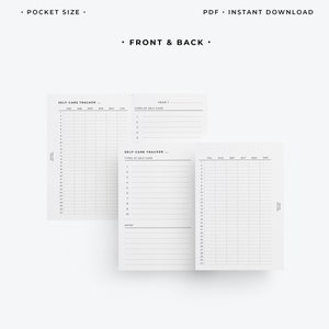 Puede incluir: Un conjunto de tres p&aacute;ginas blancas de seguimiento del autocuidado con texto negro. Las p&aacute;ginas incluyen secciones para rastrear actividades de autocuidado, con espacio para fechas y notas. El texto incluye "Pocket Size", "Front & Back" y "Instant Download".