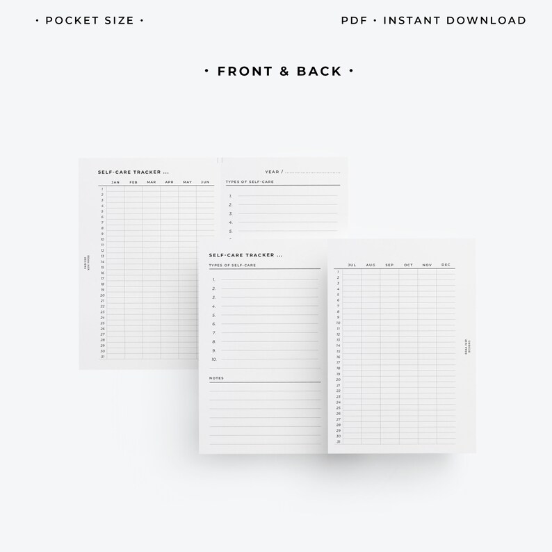 Puede incluir: Un conjunto de tres p&aacute;ginas blancas de seguimiento del autocuidado con texto negro. Las p&aacute;ginas incluyen secciones para rastrear actividades de autocuidado, con espacio para fechas y notas. El texto incluye "Pocket Size", "Front & Back" y "Instant Download".