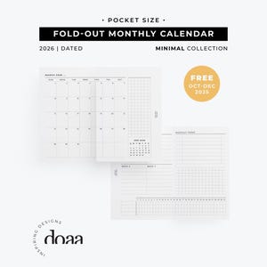 May include: A pocket-size, fold-out monthly calendar for 2026, part of the Minimal Collection. The calendar includes a monthly view, a section for monthly tasks, and a weekly tracker. The design is minimalist with a clean, white background and black text. Includes free October-December 2025.