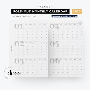 May include: A fold-out monthly calendar for 2027 in A5 size, featuring a minimalist white layout with black text. The calendar displays months 01 through 06 with grid-based date sections, labeled days of the week, and the brand name doaa.