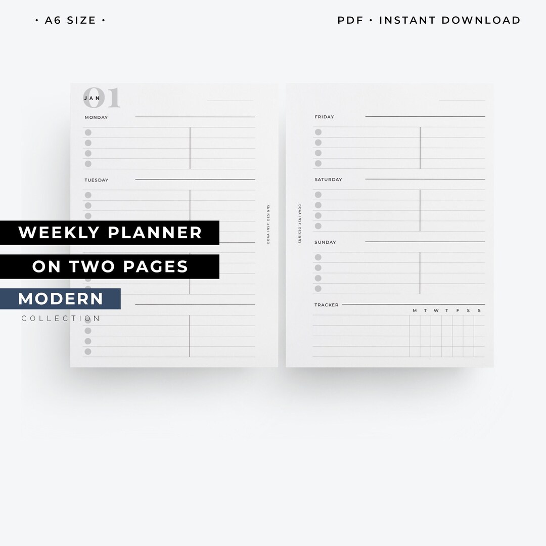A6 Week on Two Pages Insert, A6 Weekly Insert, Undated Weekly Planner ...