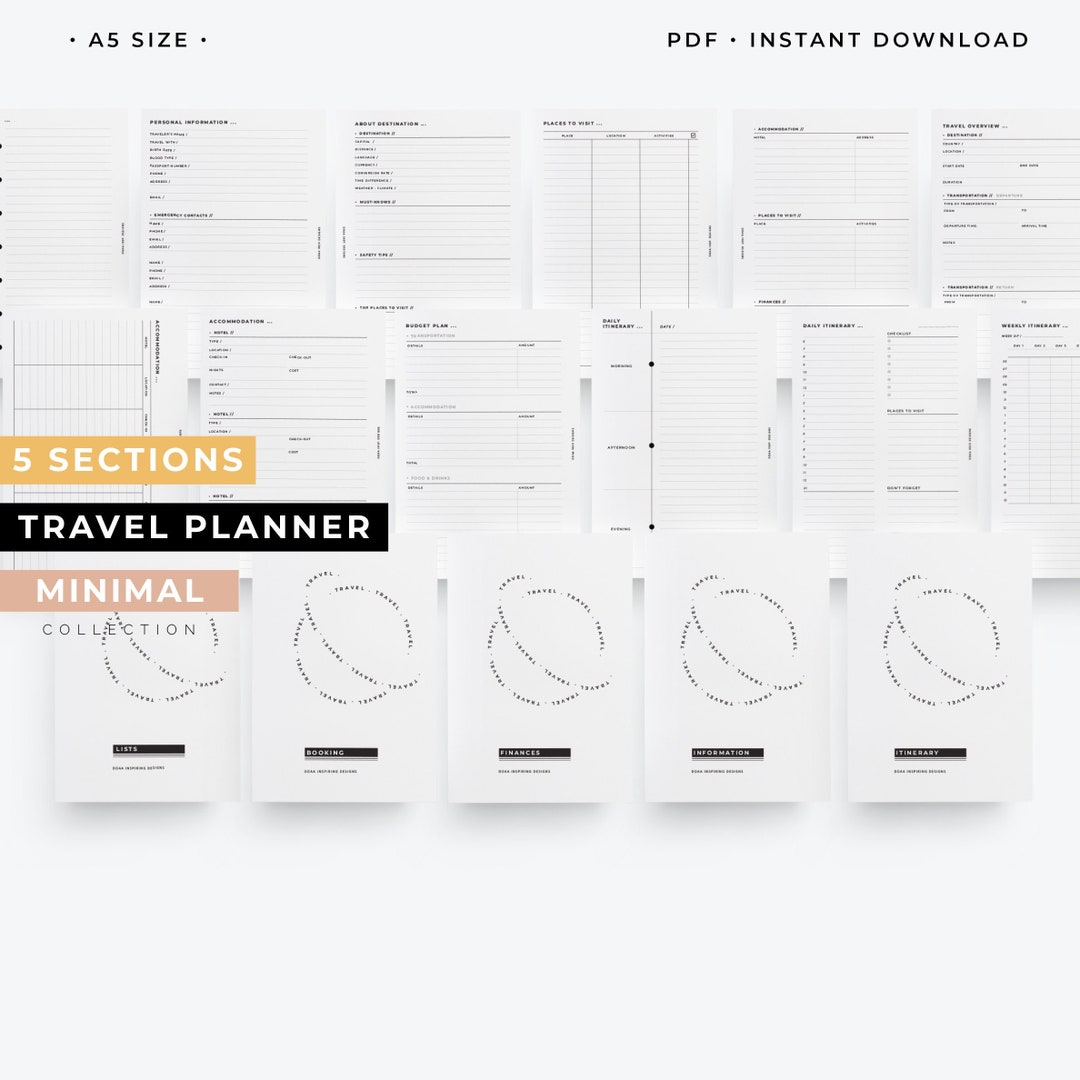 A5 Travel Planner , Vacation Plan Inserts, Travel Organizer, Trip